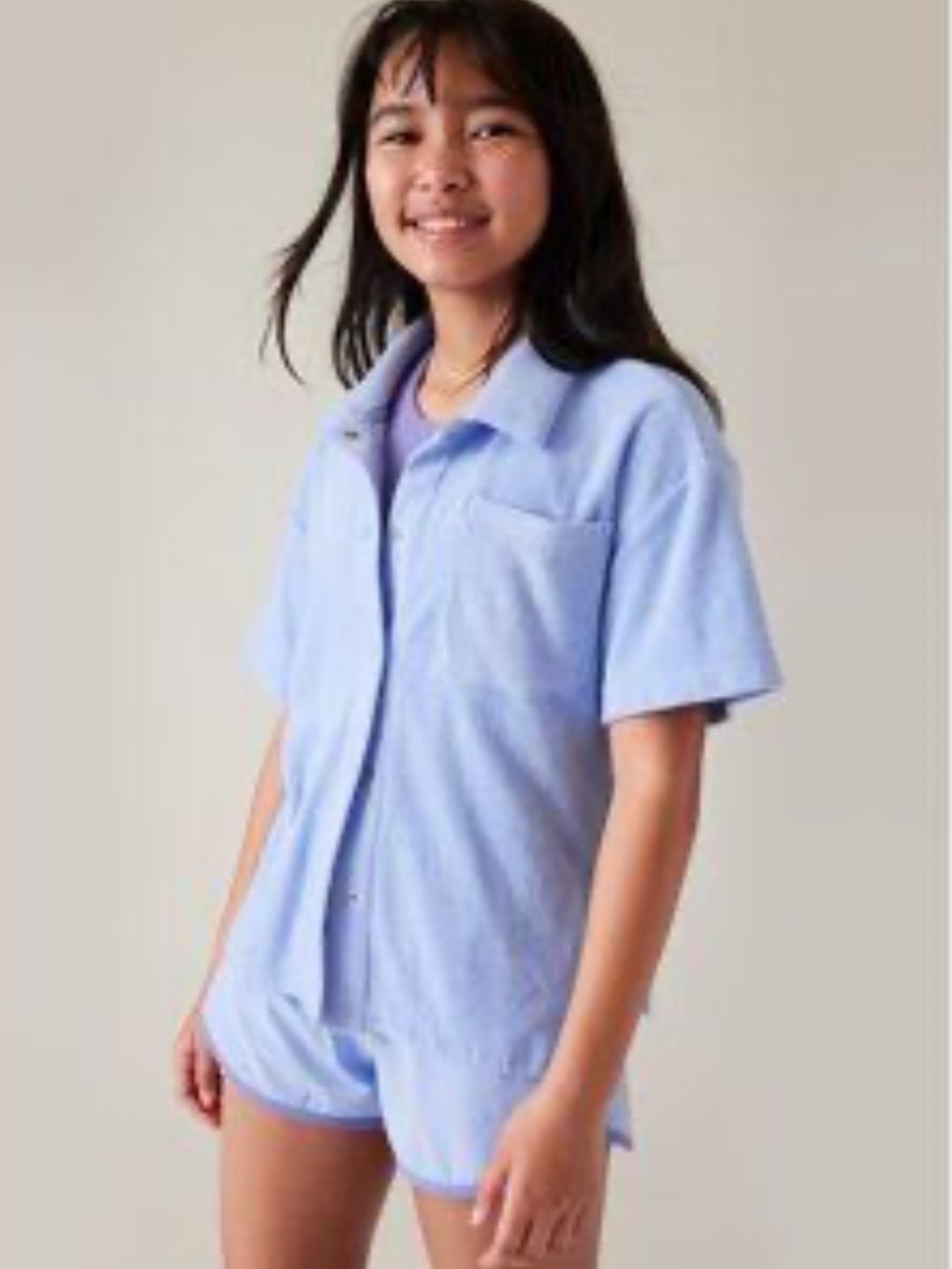 Athleta Girl Jump In Terrycloth Top Sz XL/14 w  MEASUREMENTS Blue w Snaps